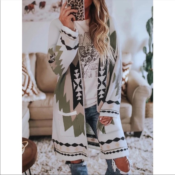 Boho print knit cardigan sweater long pockets - Picture 2 of 5